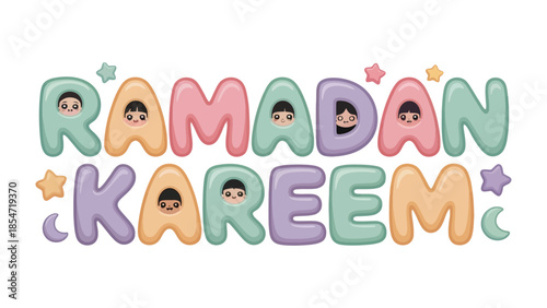 Ramadan Kareem: The image is festive with its bright and cheerful design. The message Ramadan Kareem, is presented with joyful children peering out from the letters. It invokes a sense of community.