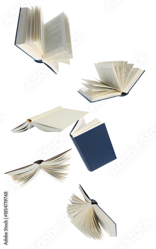 dramatic photograph of a series of open books, with pages turning and spines showing, creating a dynamic, floating, artistic effect.