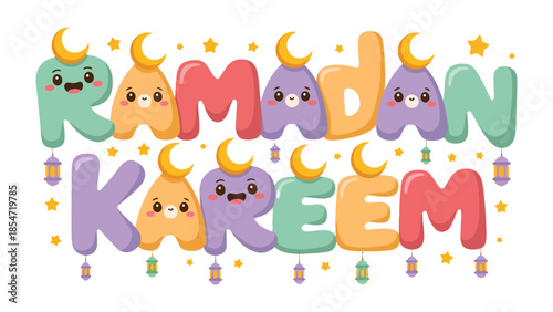 Ramadan Kareem: A vibrant and colorful illustration conveys the spirit of Ramadan Kareem, designed with delightful characters and festive elements, perfect for celebrating this special occasion. 