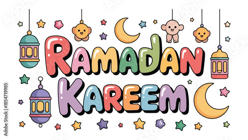 Ramadan Kareem: A vibrant illustration showcasing the spirit of Ramadan, complete with crescent moons, stars, and traditional lanterns, symbolizing the season of reflection and giving.