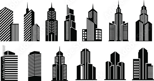 Set of black skyscraper icons and modern city building silhouettes for urban architecture design, corporate real estate logos, and skyline vectors