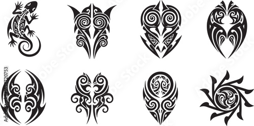 Tribal designs featuring animal and abstract illustrations in black and white