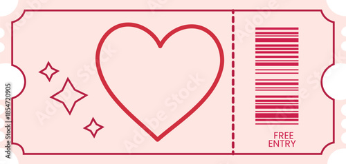 Pink free entry love ticket with heart outline and sparkles, perfect for romantic events