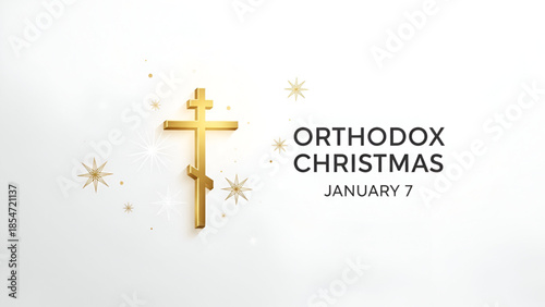 Orthodox Christmas golden cross symbol with spiritual faith tradition celebration on white background for religious worship culture holiday concept