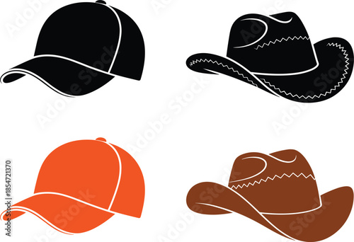 Professional headwear vector illustration set featuring baseball caps and western cowboy hats for fashion apparel design