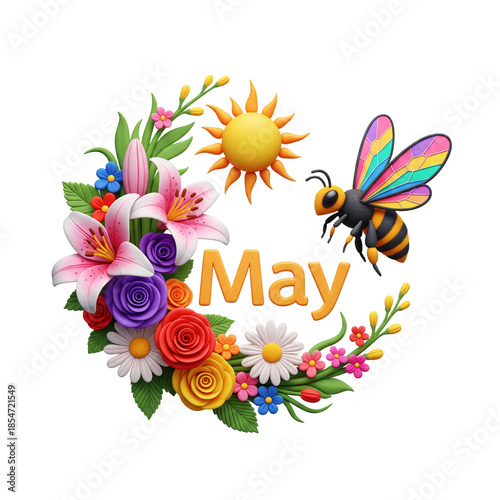 A magnificent claymotion logo for may with vibrant blooming flowers a buzzing bee and a radiant sun
