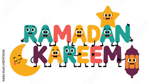 Ramadan Kareem Cartoon: A vibrant cartoon illustration conveying the festive spirit of Ramadan Kareem, featuring playful letter characters, a crescent moon, and a star.