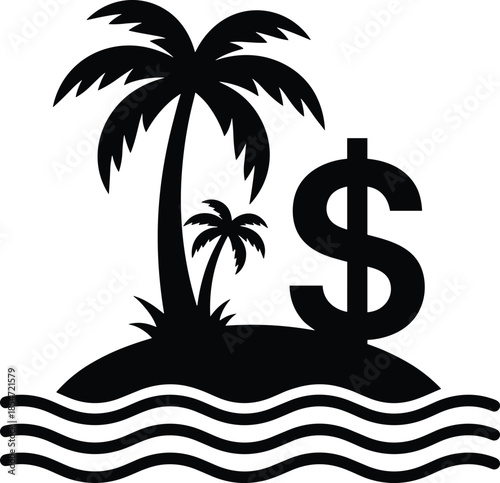 Island, dollar, money, finance, offshore, tax, haven, tropical, symbol, black, white, ocean, palm, tree, wealth, banking, secrecy, investment, economy, paradise