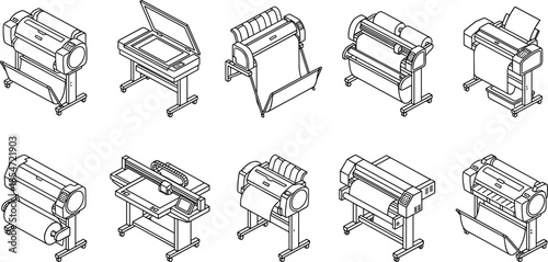 printer, scanner, large-format, isometric, roll-fed, flatbed, tray, bin, control panel, engineering, architectural, poster model – vector illustration