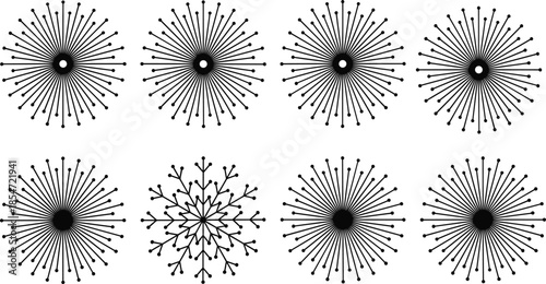 radial abstract pattern, geometric flower burst, black sunburst design, fractal snowflake shape, visual puzzle grid, minimal symmetry art