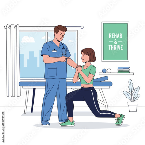 A male physical therapist assists a female patient performing a lunge exercise in a rehabilitation clinic.