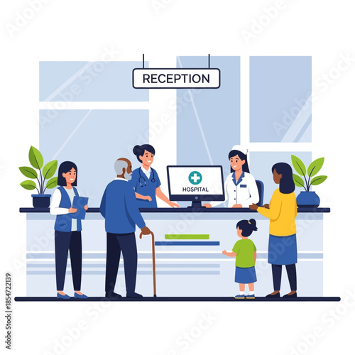 Medical receptionists helping diverse patients at a hospital front desk, illustrating healthcare services and patient care.