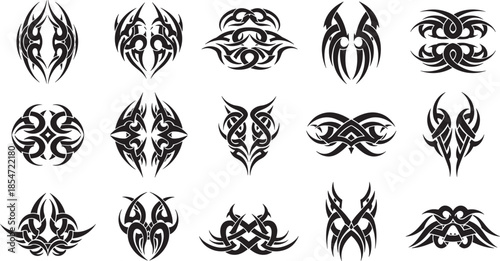 Tribal designs collection featuring various abstract illustrations on a white background from a frontal viewpoint.