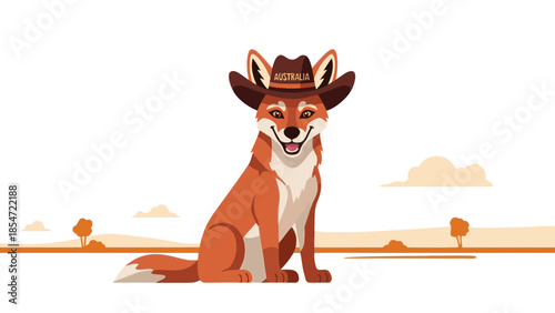 Cheerful dingo sitting proudly with cowboy hat with AUSTRALIA word on it against simple Australian landscape