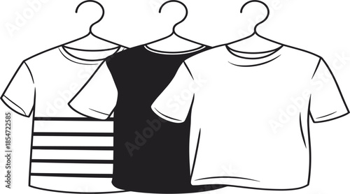 Professional t-shirt vector illustration set on hangers for fashion apparel retail display and clothing laundry design