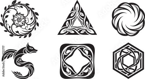 Tribal designs featuring animal and floral motifs in various geometric shapes