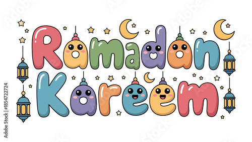 Ramadan Kareem: A vibrant and joyful illustration of Ramadan Kareem in cheerful colors, featuring charming, smiling lettering, moons, and lanterns that embody the spirit of the holy month.