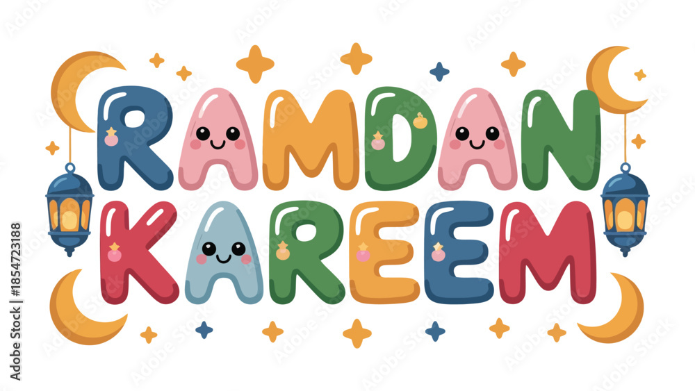 Fototapeta premium Ramadan Kareem Illustration: Colorful illustration celebrating the spirit of Ramadan Kareem with crescent moons, stars, and lanterns.