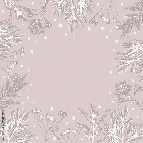 Soft pastel beige winter background with delicate spruce pine juniper and dried flower branches forming elegant border with falling snow space in center for text perfect for Christmas cards, poster.