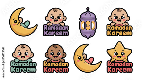 Ramadan Kareem: Cute cartoon babies with the moon and lamp, a perfect design for the Ramadan season and all the other festivities.