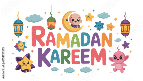Ramadan Kareem: A vibrant illustration for the holy month of Ramadan, filled with cheerful characters and festive decorations, offering a message of peace and blessings.