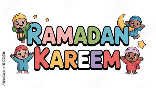 Ramadan Kareem: Vibrant illustrations create festive scenes. Children, a crescent moon, and stars evoke the spirit of Ramadan. 