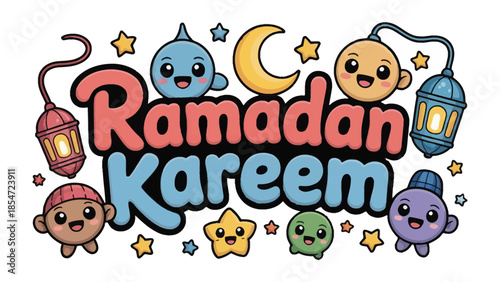 Ramadan Kareem: A vibrant illustration showcasing the spirit of Ramadan, with cheerful cartoon characters and festive lanterns, creating a sense of joy and celebration.