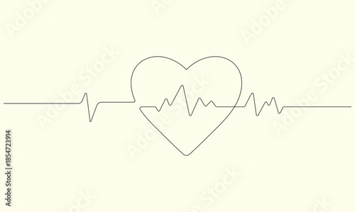 Heart shape with a pulse line in continuous drawing style for cardiology