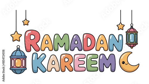 Ramadan Kareem: A vibrant cartoon illustration spelling out Ramadan Kareem with a festive touch, featuring whimsical lanterns, stars, and a crescent moon, perfect for a joyful celebration.