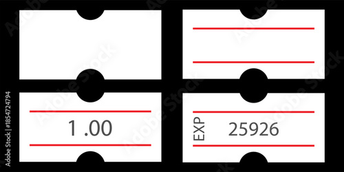 Self-adhesive paper price tag with two red stripes. Blank price label. White sticker to indicate the expiration date. Vector illustration isolated on transparent background.