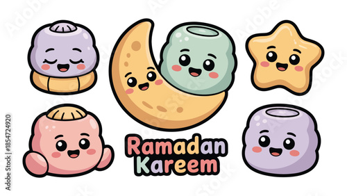 Ramadan Kareem Cartoon: A heartwarming cartoon composition dedicated to the holy month of Ramadan, featuring an adorable crescent moon and star characters with a sweet expression of joy