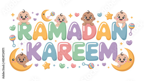 Ramadan Kareem for babies: a cute illustration with babies with Ramadan Kareem text for greeting card or poster. 