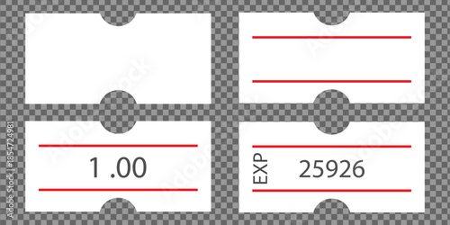 Self-adhesive paper price tag with two red stripes. Blank price label. White sticker to indicate the expiration date. Vector illustration isolated on transparent background.