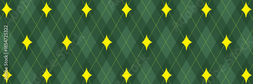 Christmas rhombus seamless pattern. Xmas plaid texture with gold line and stars. Green argyle geometric diamond abstract pattern. Christmas wrapping. Vector illustration isolated on green background.