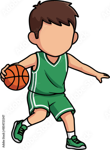Young cartoon basketball player dribbling ball in green uniform sports activity