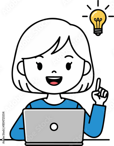 Enthusiastic Woman Working on Laptop Gets a Brilliant Idea Lightbulb Moment