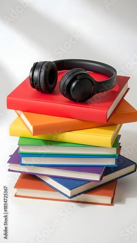Headphones on a stack of colorful books representing International Youth Day concept