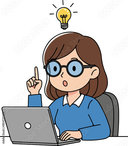 Creative Woman Gets Eureka Moment Working on Laptop Lightbulb Above Head Illustration
