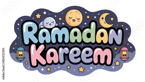 Ramadan Kareem: This illustration captures the spirit of Ramadan with festive charm. The design includes a crescent moon, lanterns, and a sky filled with stars. 