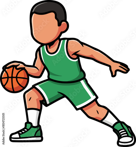 Young basketball player dribbling ball in green uniform cartoon illustration