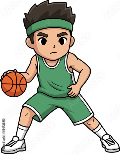 Young athlete dribbling basketball in green sports uniform vector illustration
