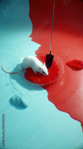 White laboratory rat in a petri dish with red liquid and a small shovel. A white rat is in a petri dish with red liquid, a small shovel, and a blue and red background