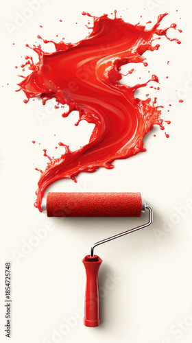 Red paint roller with splash, DIY home improvement and renovation concept. A vibrant red paint splash emanates from a roller, symbolizing creativity and home projects