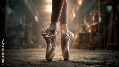 Ballet dancer's feet in pointe shoes, ready to perform on stage. The dancer's feet are poised en pointe, showcasing the grace and strength of ballet