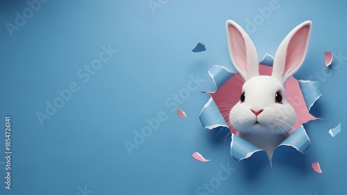 Fluffy White Easter Bunny Peeking Through Torn Blue Paper Hole Banner