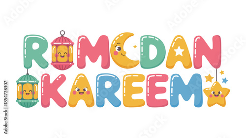 Ramadan Kareem: Vibrant and cheerful greeting, Ramadan Kareem, designed with colorful typography with smiling crescent moon and star