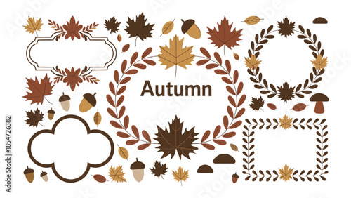 Collection of beautiful autumn decorative elements featuring maple leaves acorns wreaths and elegant frames for seasonal design