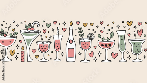 Hand drawn festive border illustration featuring various cocktails champagne bottle and romantic hearts perfect for celebration backgrounds