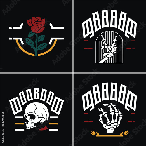 Collection of four striking graphic design emblems featuring dark aesthetic elements like roses skulls and skeleton hands perfect for apparel