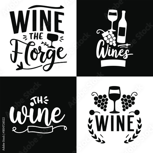 Collection of four black and white typographic designs featuring catchy phrases about wine perfect for cutting machines and crafts